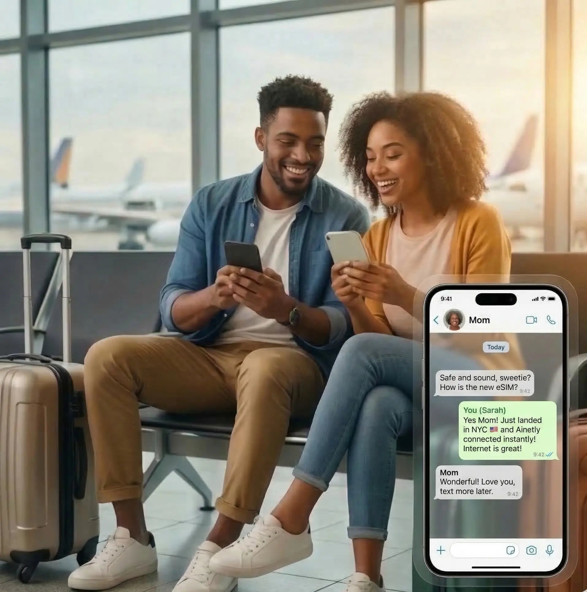 Kunden nutzen die Airnetly eSIM App am Flughafen